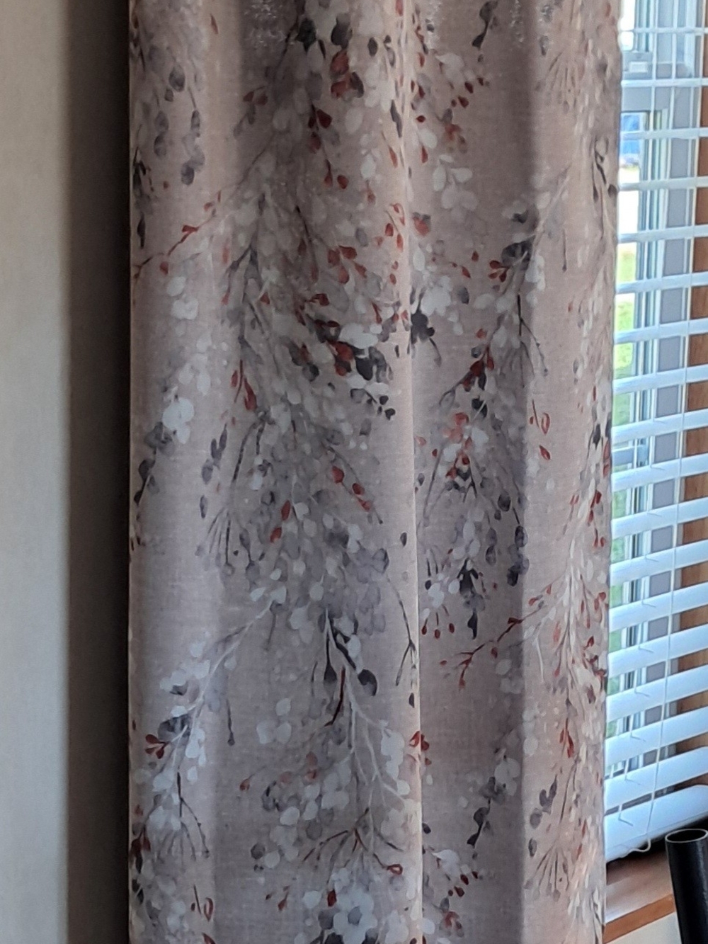 Eclipse Taupe Curtain Panel with White, Gray and Rust Floral Motif.